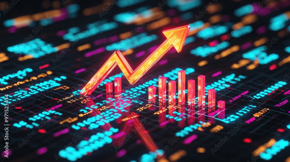 Poster a matrix of glowing numbers, bar graphs, and pie charts, with one large arrow pointing upwards, the 