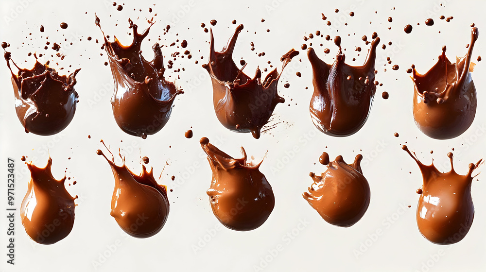 Poster a series of chocolate splashes, showcasing texture and movement in a visually engaging manner.