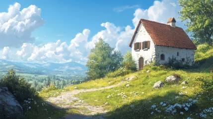 Fototapeta premium A painting of a house on a hill with two paths leading up to it