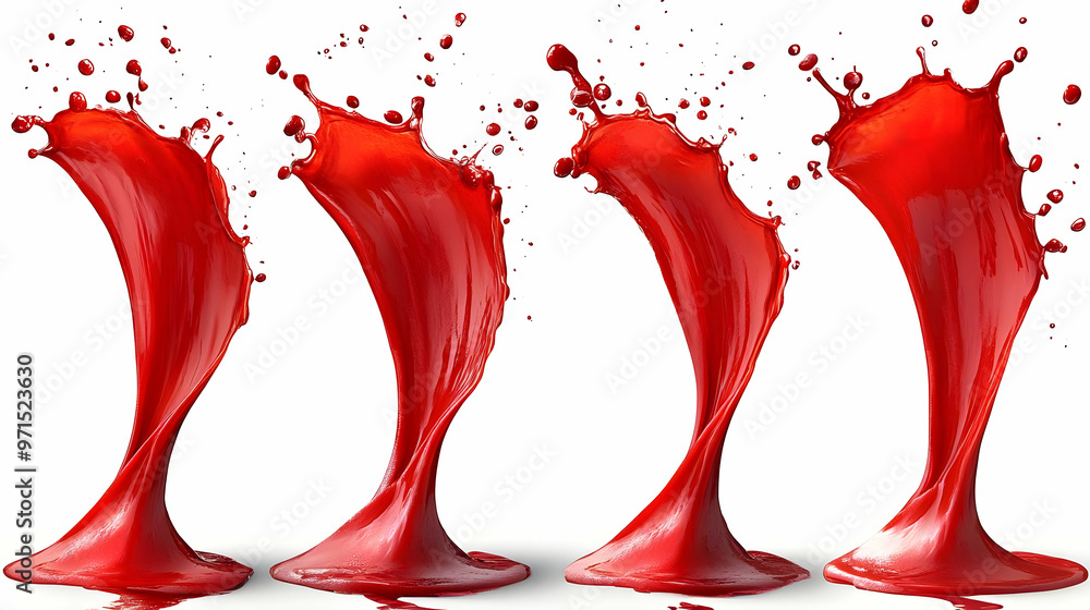 Poster a series of dynamic red liquid splashes captured in motion.