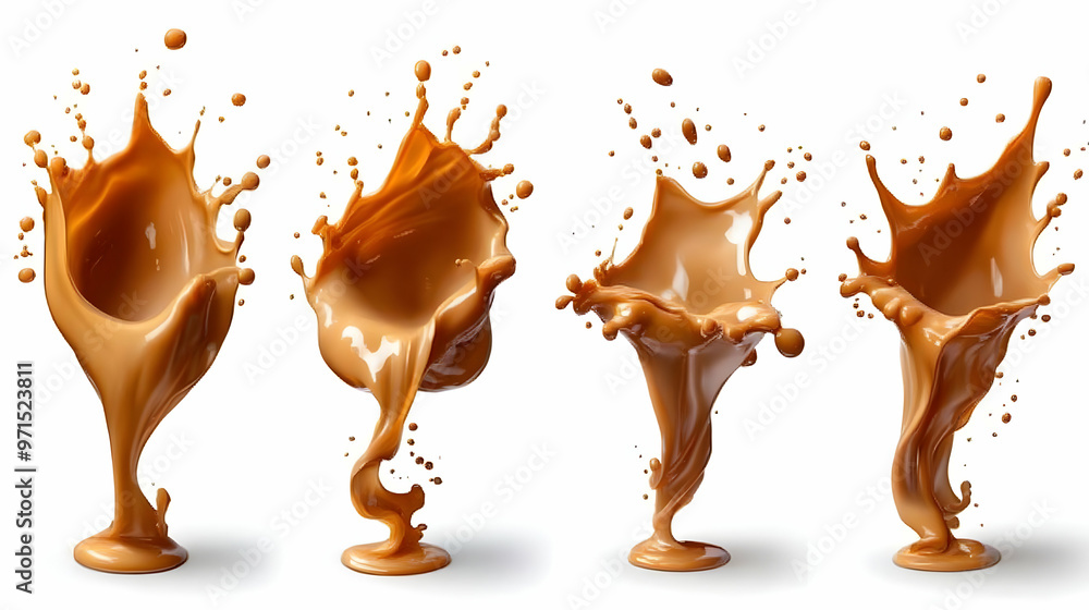 Poster a series of dynamic splashes of brown liquid, showcasing fluid motion and texture.