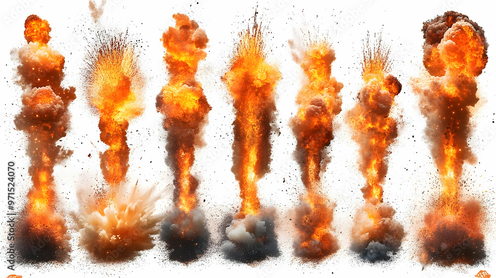 Poster a series of explosive fireballs depicting various stages of an explosion.