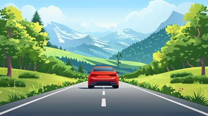 A sporty sedan driving down an asphalt road near a meadow with green mountains under a clear sky, perfect for a banner design.