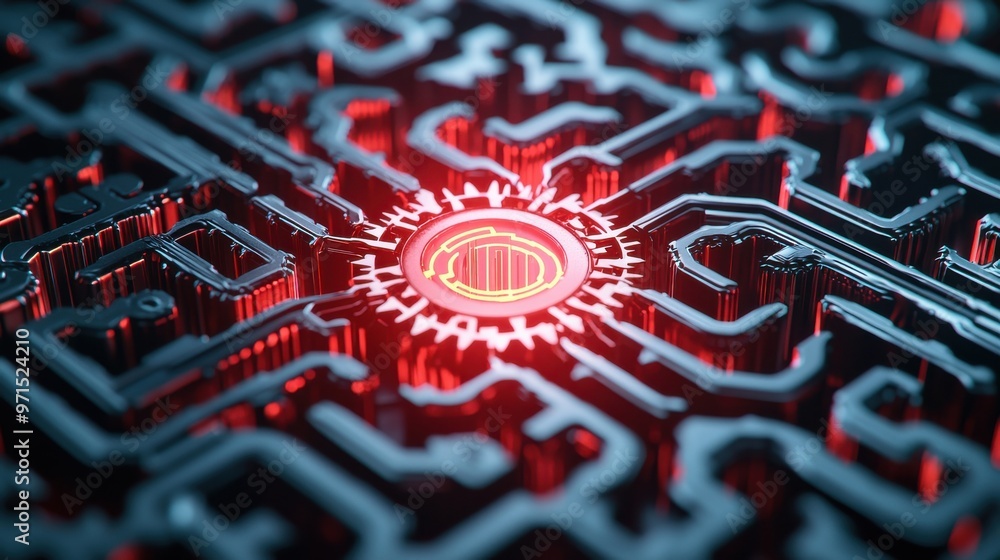 Poster a maze of interconnected gears with one central gear glowing brighter, representing the concept of b