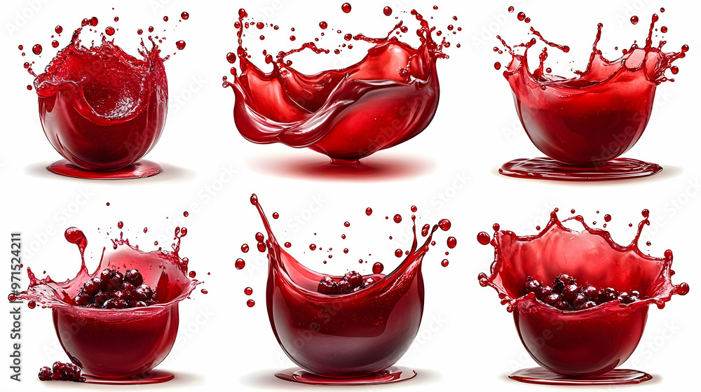 Poster a series of red liquid splashes in spherical bowls, showcasing dynamic motion and texture.