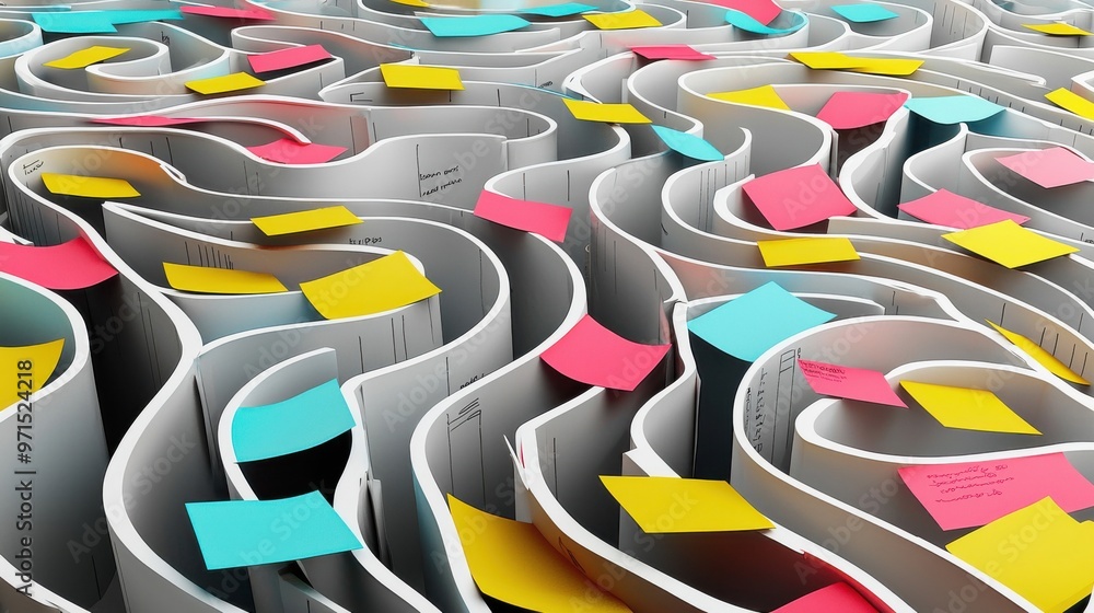 Fototapete a maze of post-it notes and task lists with no visible exit, representing the feeling of being trapp