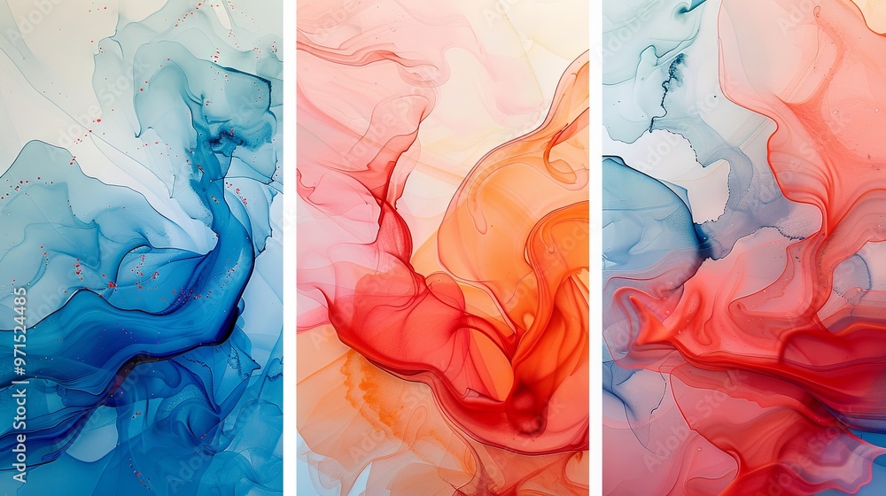 Wall mural featuring curves of red, blue, and orange, this trio of abstract fluid art panels makes an excellent