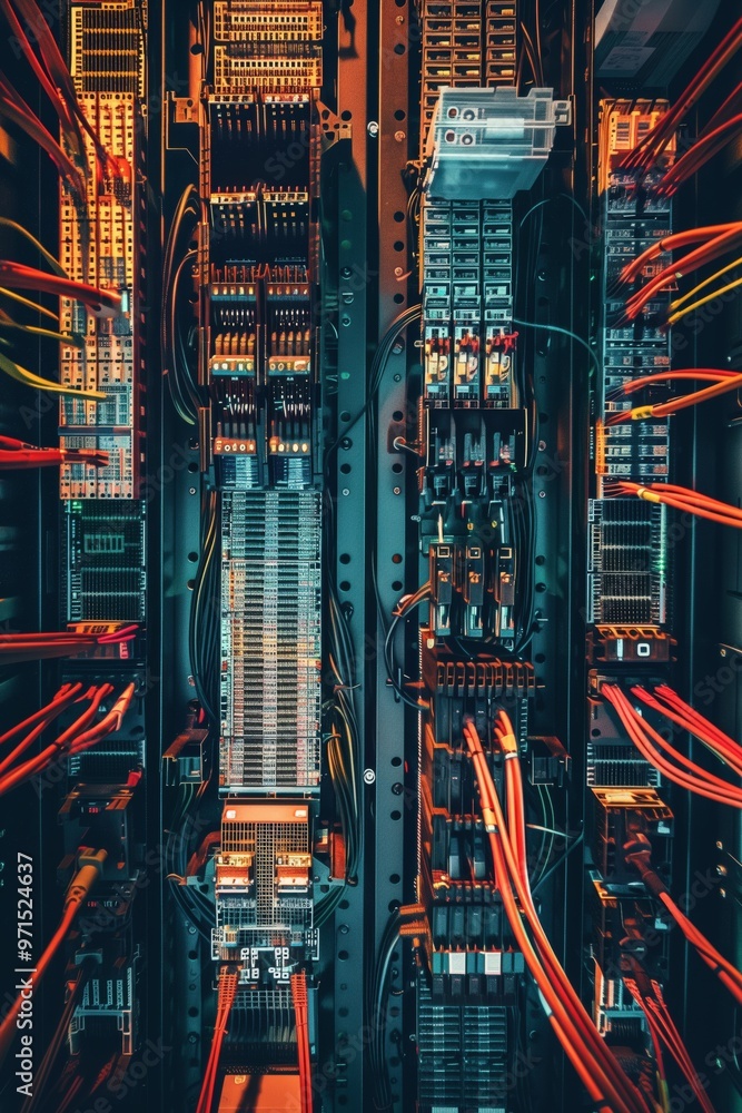 Poster complex server rack filled with colorful cables and electronic components. the intricate arrangement