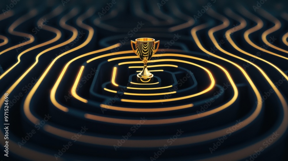 Poster a maze with shining pathways leading towards a trophy at the center, how effort and skill navigate t