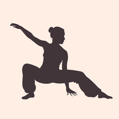 a woman in a yoga pose. She is in a side lunge position with her left arm extended upwards and her right arm bent at the elbow 
