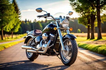 Sleek, black, high-performance motorcycle with gleaming chrome handlebars and wheels, parked on a sunny driveway, ready for an exciting ride on the open road.