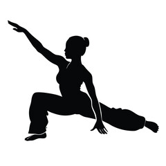Fototapeta premium a woman in a yoga pose. She is in a side lunge position with her left arm extended upwards and her right arm bent at the elbow 