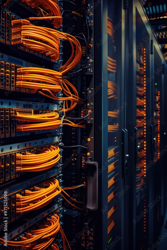 Poster server racks filled with numerous cables, showcasing a network infrastructure. the vibrant orange ca
