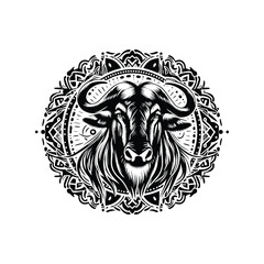 Fototapeta premium Wildebeest in bohemian black and white silhouette illustration