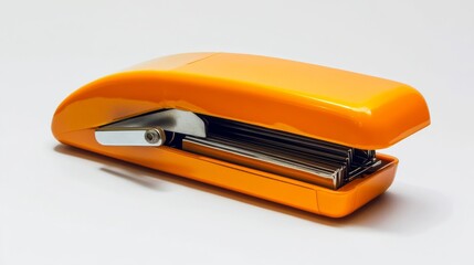 Orange Stapler with Staples Visible, Bright Orange Plastic, Open Stapler Showing Staples, Office Supplies, Stapling, Office, Stationery