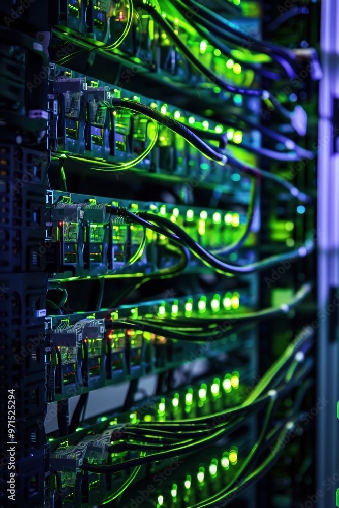 Poster server rack filled with illuminated green lights and cables. the image showcases the intricate wirin