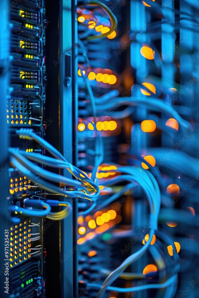Poster server racks with illuminated lights and tangled cables, showcasing a modern data center environment