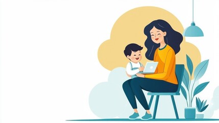 A mother plays with her young child in the living room, their laughter filling the space with joy. The bright, colorful room reflects their happiness and positive connection.