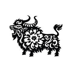 Fototapeta premium Yak in folk art black and white silhouette illustration