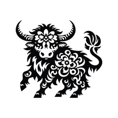 Fototapeta premium Yak in folk art black and white silhouette illustration
