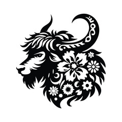 Fototapeta premium Yak in folk art black and white silhouette illustration