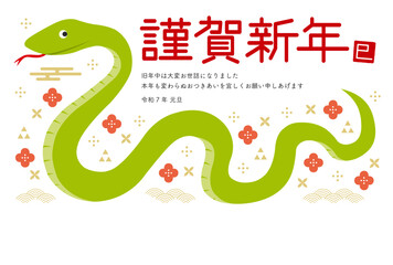 横向きの蛇と和柄のイラストの年賀状_謹賀新年_横型_白
