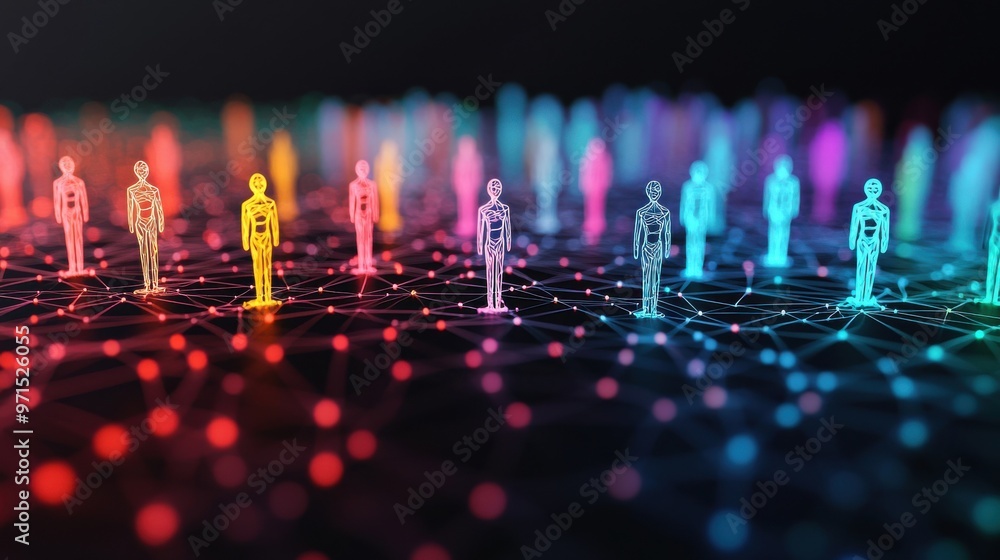 Poster a network of abstract human figures standing on interconnected nodes, with each figure glowing in a 