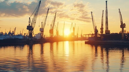 Obraz premium Sunset over the harbor with silhouettes of cranes and boats reflecting on calm waters at twilight