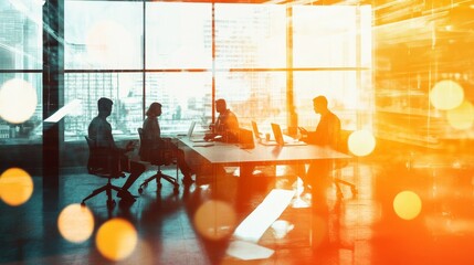 Silhouettes of People in a Modern Office with Bokeh Lights and a City View, Bokeh, Silhouette, Cityscapes