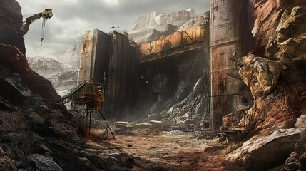 Fototapeta premium Heavy machinery at a rugged construction site near mountains under cloudy skies during the day