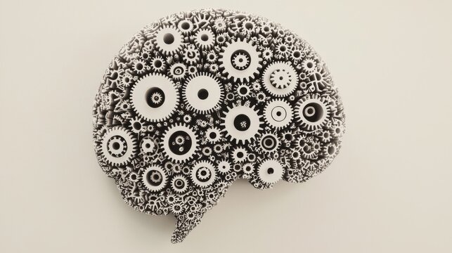 A network of gears and cogs shaped like a human brain, each gear representing different employee roles and skills, turning in harmony to signify well-planned workforce operations