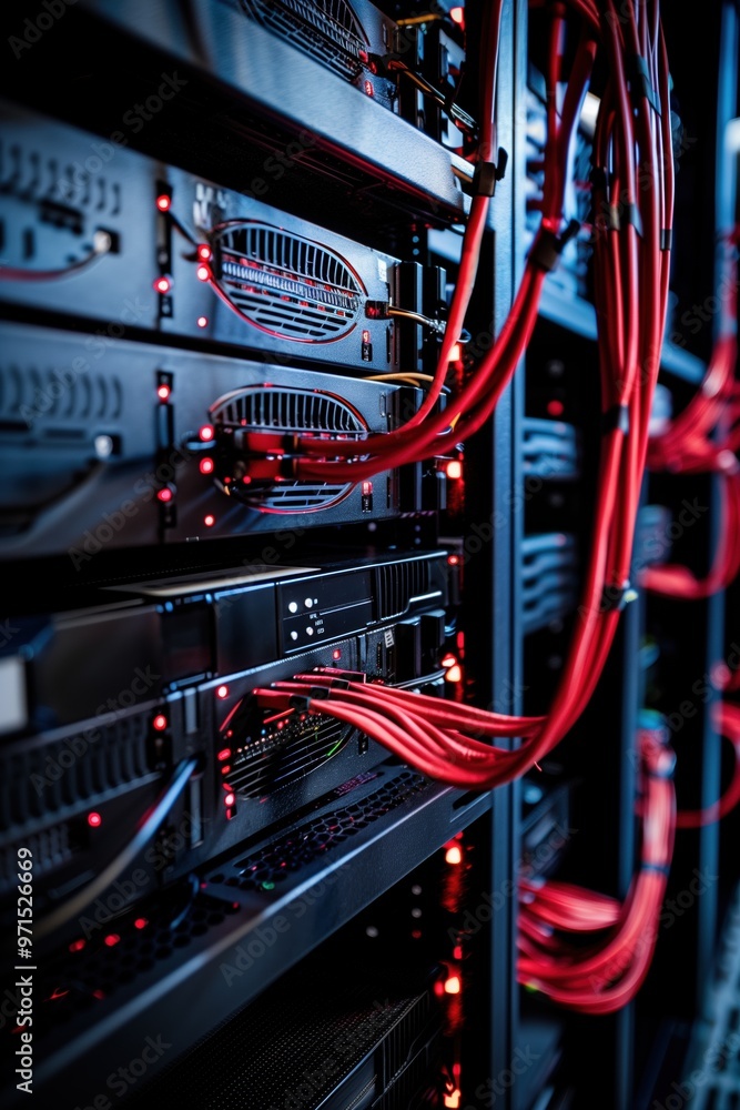 Poster server rack filled with black servers and red cables, illuminated by led lights. the image showcases
