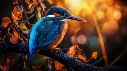 Naklejka premium A vibrant bird perches on a distinct tree branch Another branch, adorned with leaves, is nearby The backdrop softly blurs