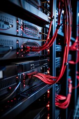 Server rack filled with black servers and red cables, illuminated by LED lights. The image showcases the intricate setup of a data center with organized wiring and technology.