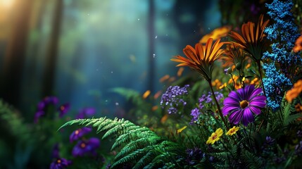  A forest teeming with lush green foliage, interspersed with abundant purple and yellow flowers Adjacent forest boasts similar floral hues