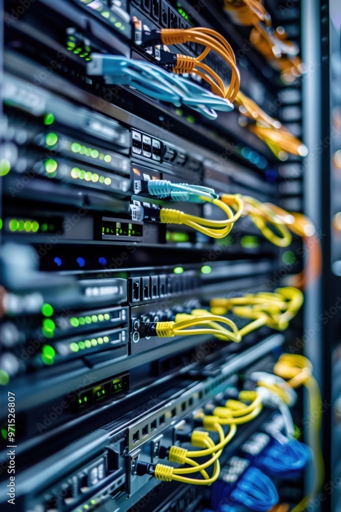 Poster server rack filled with various servers and networking equipment. colorful ethernet cables are neatl