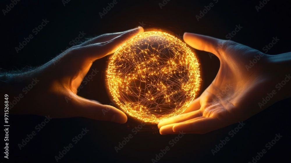 Poster a pair of hands passing a glowing orb filled with complex patterns of circuits and symbols, represen
