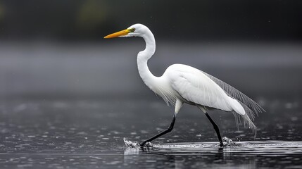 Obraz premium A white bird wades through water on a foggy, rainy day, its lengthy yellow beak parting the surface