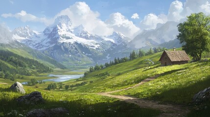 Fototapeta premium house in foreground, lake in picture's center