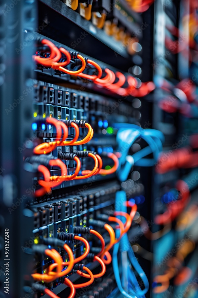 Poster data center rack with colorful network cables and lights, showcasing the intricate connections and t