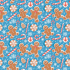 Many different Christmas cookies on blue background. Seamless pattern for design.