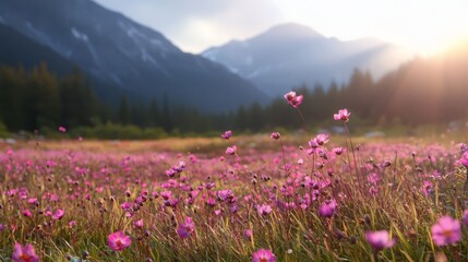 Obraz premium A pink flower field faces mountain ranges under sunlit backdrops