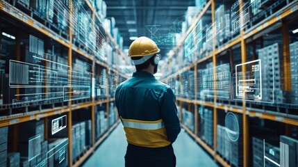 Warehouse Worker Immersed in Holographic Data, Warehouse, Industry 4.0, Augmented Reality
