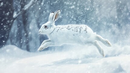 Obraz premium A White Rabbit Leaping Through a Snowy Forest