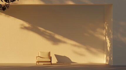  A chair in front of a wall with a tree's shadow cast upon it