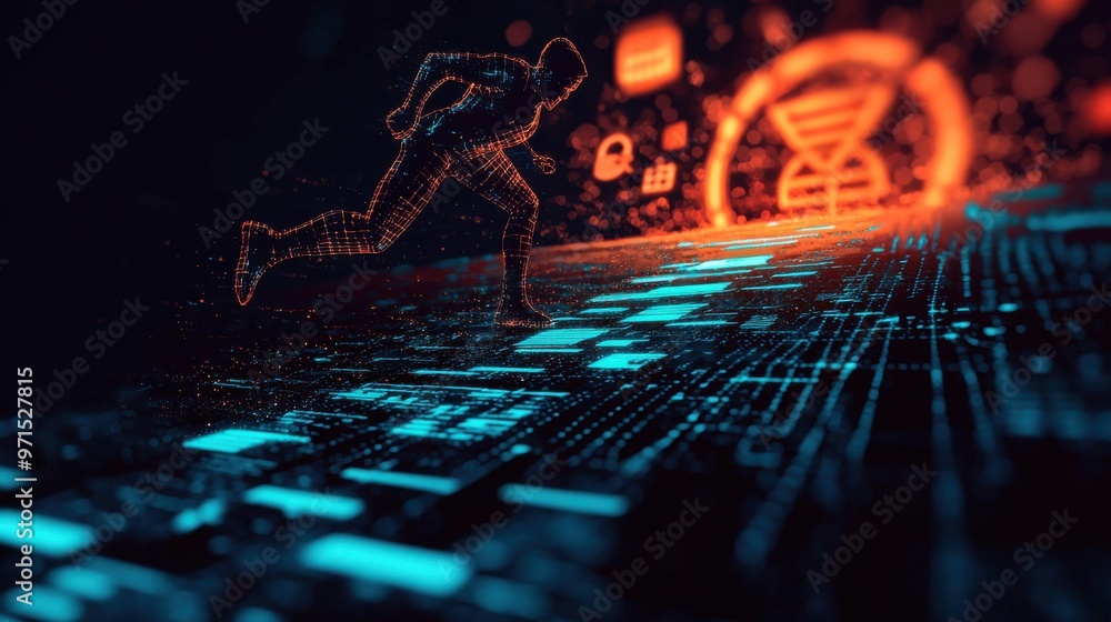 Poster a person running up a path made of digital tiles, each tile representing a different skill. the path