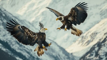 Fototapeta premium Two Bald Eagles in Flight with Mountainous Background