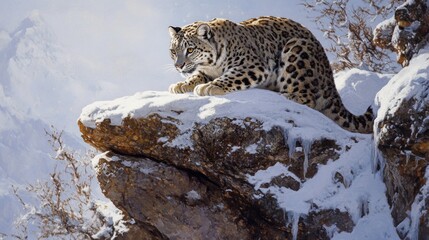 Fototapeta premium Snow Leopard Perched on Snowy Rocky Cliffside