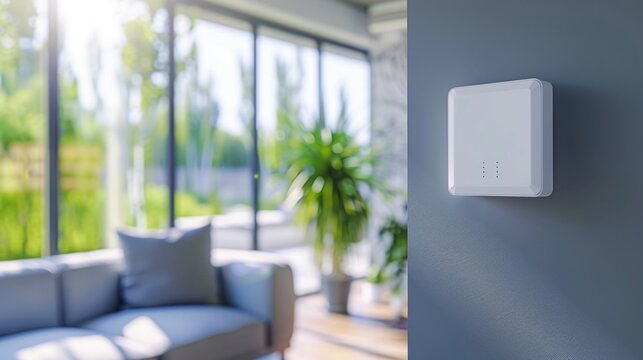 Motion sensor or detector for security system mounted on wall.