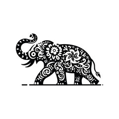Fototapeta premium Elephant in folk art black and white silhouette illustration